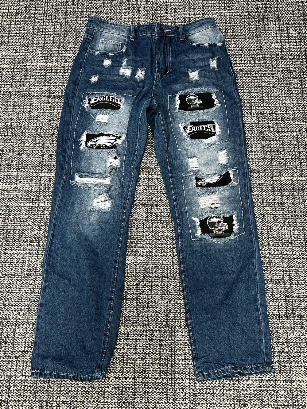 Distressed Blue Women’s Boot Cut Jeans with Philadelphia Eagles Patch Details